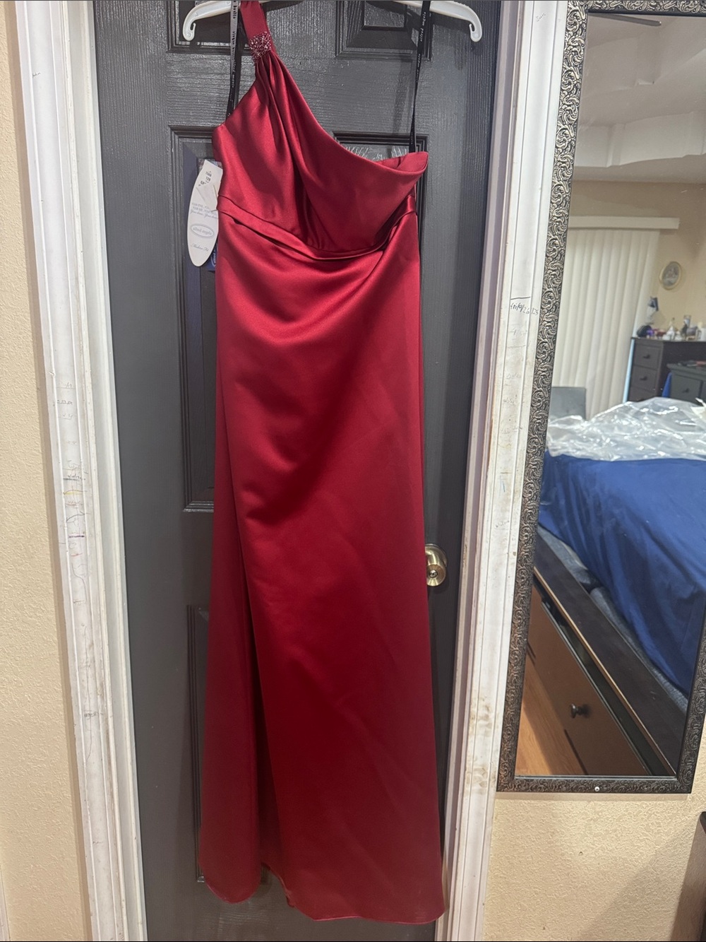 Alfred Angelo Beaded One-Shoulder Satin Dress in Deep Red